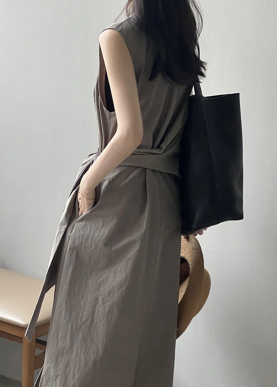 Grey Pockets Original Design Cotton Long Dress V Neck Sleeveless - Image 4