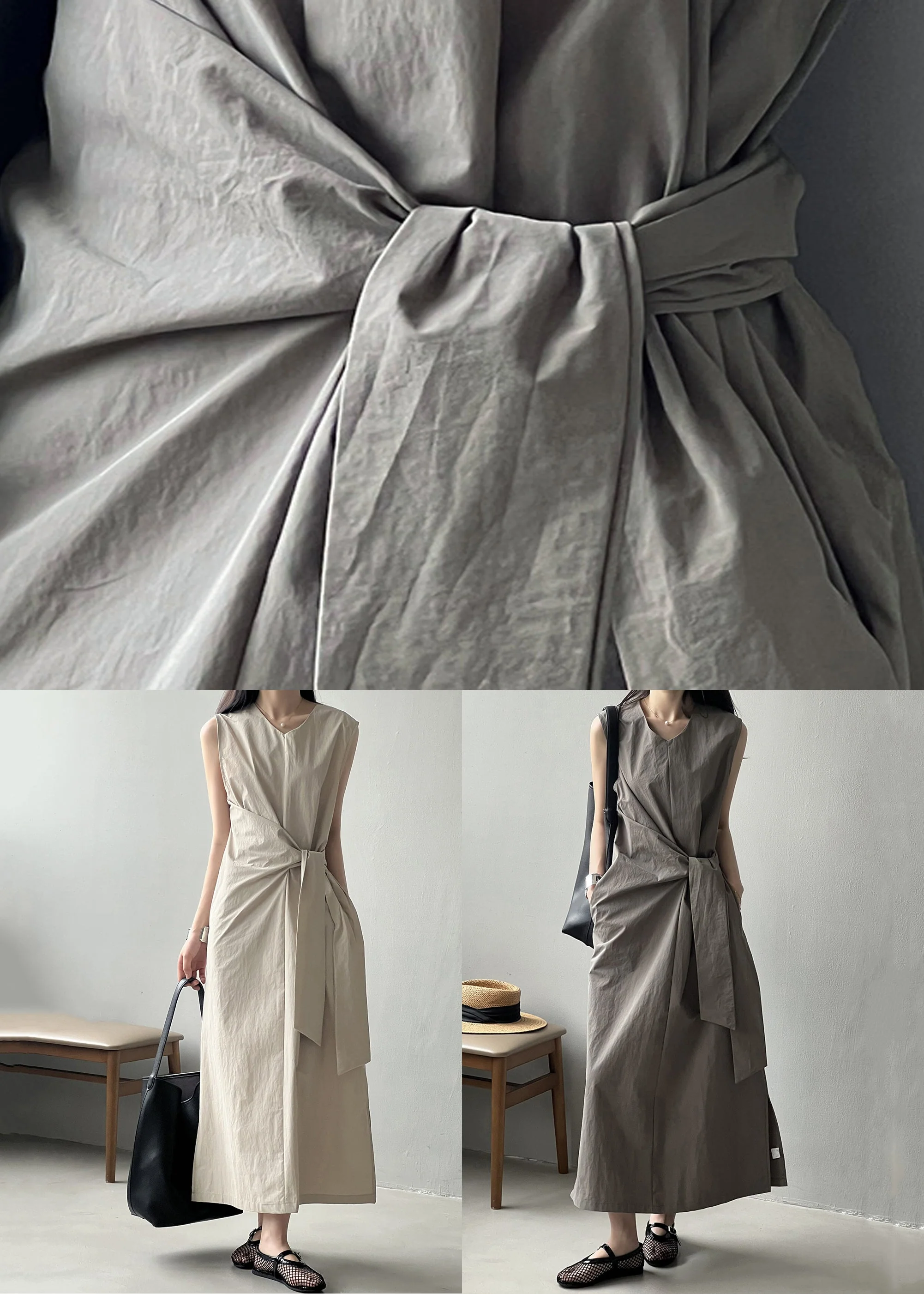 Grey Pockets Original Design Cotton Long Dress V Neck Sleeveless - Image 5