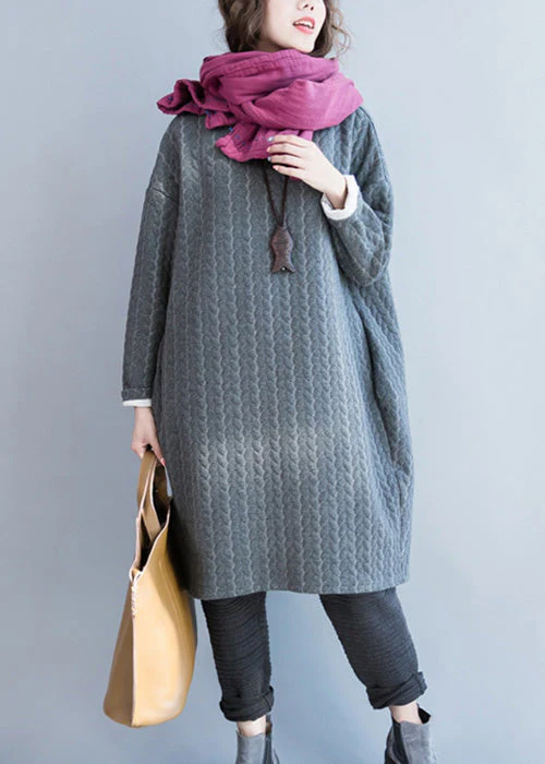 Grey Pockets Thick Cotton Dress O Neck Long Sleeve - Image 2