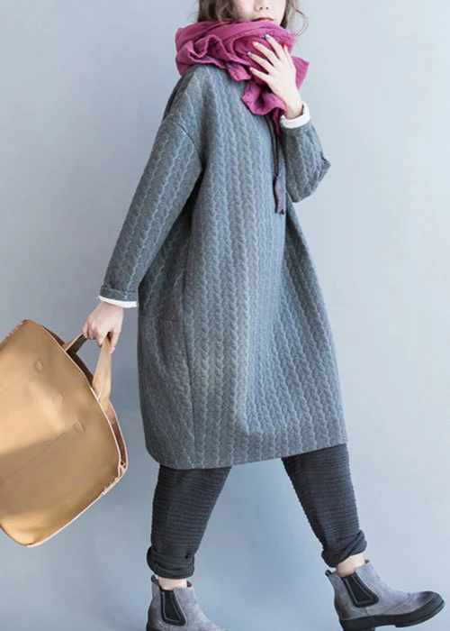 Grey Pockets Thick Cotton Dress O Neck Long Sleeve - Image 3
