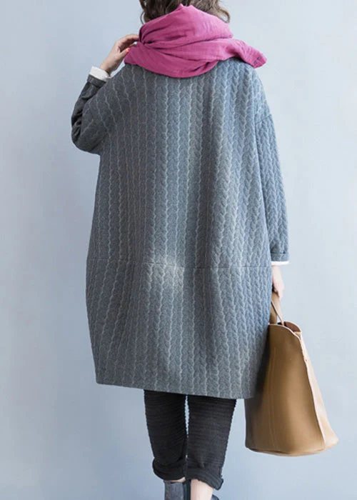 Grey Pockets Thick Cotton Dress O Neck Long Sleeve - Image 4