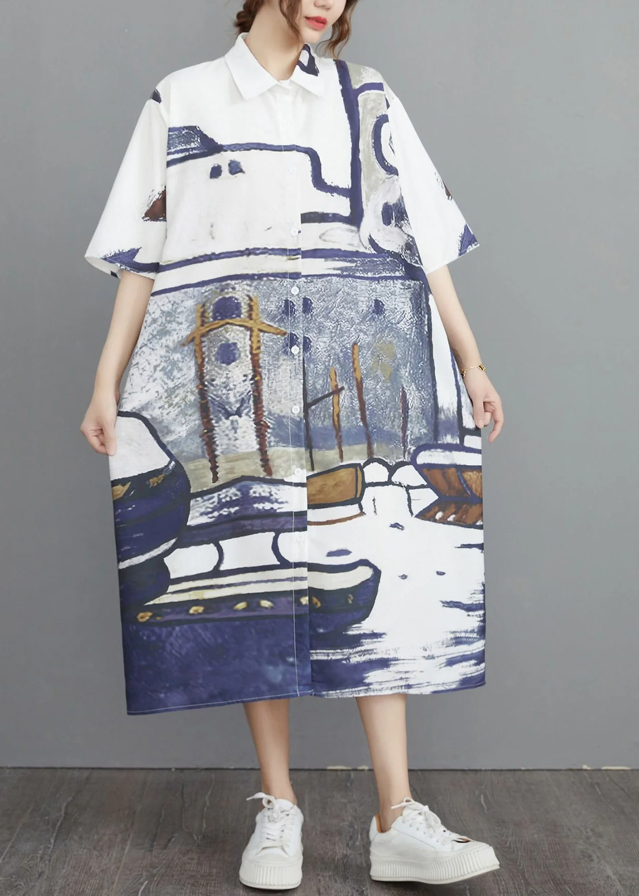 Grey Print Cotton Shirt Dresses Oversized Summer - Image 2