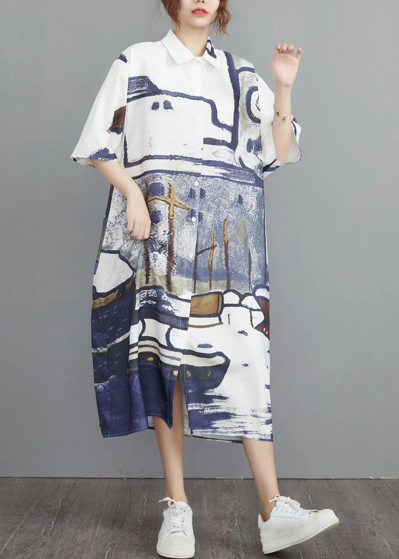 Grey Print Cotton Shirt Dresses Oversized Summer - Image 3