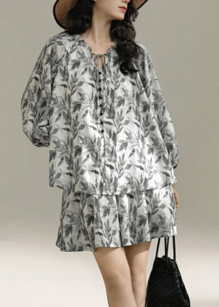 Grey Print Cotton Women Sets 2 Pieces Lace Up Summer - Image 2