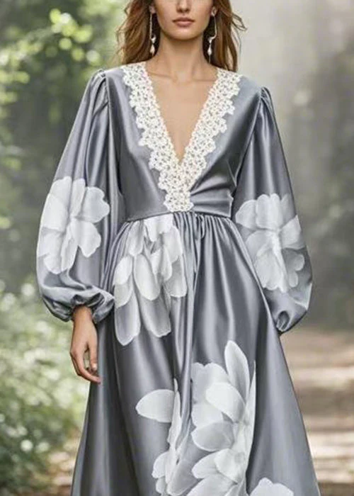 Grey Print Oversized Silk Maxi Dress V Neck Spring - Image 2