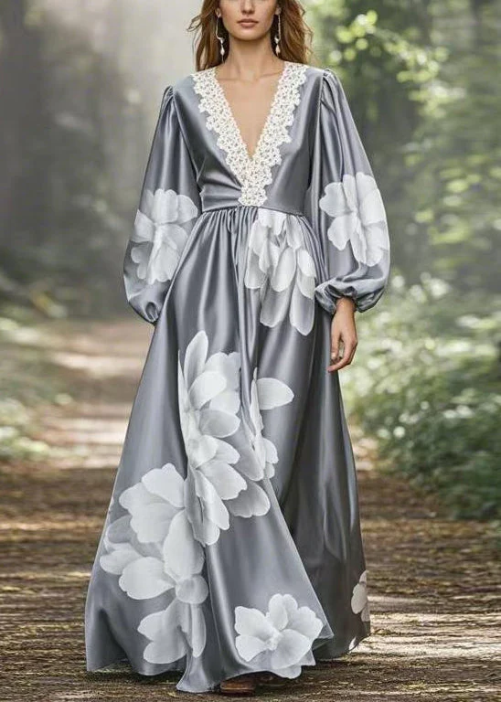 Grey Print Oversized Silk Maxi Dress V Neck Spring - Image 3