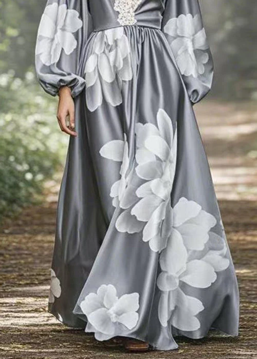 Grey Print Oversized Silk Maxi Dress V Neck Spring - Image 4
