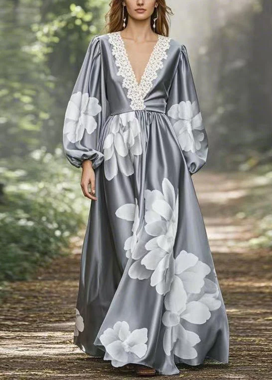 Grey Print Oversized Silk Maxi Dress V Neck Spring - Image 5