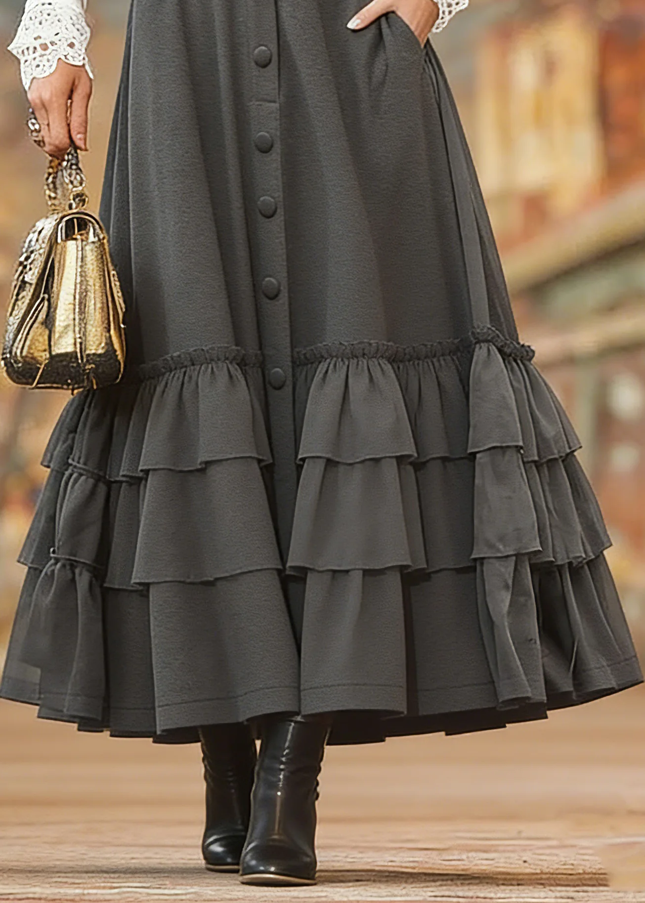 Grey Ruffle Trim Single Breasted Pocket Overlay Maxi Skirt - Image 4