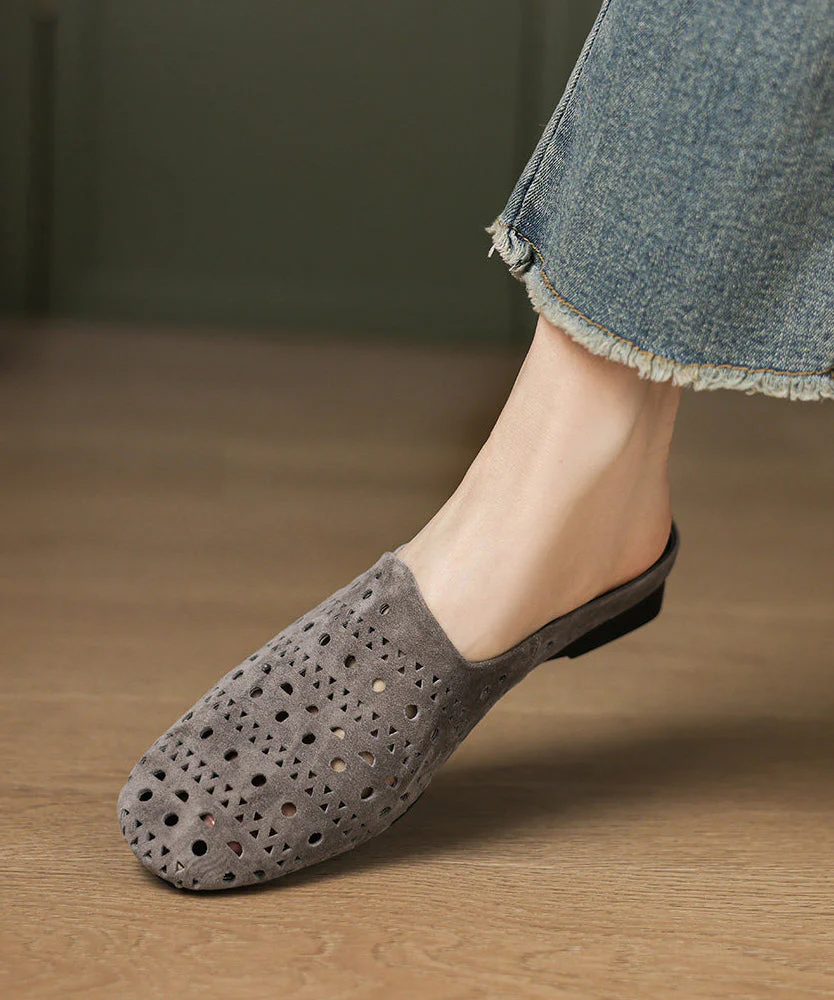 Grey Sheepskin Casual Hollow Out Thong Sandals - Image 4