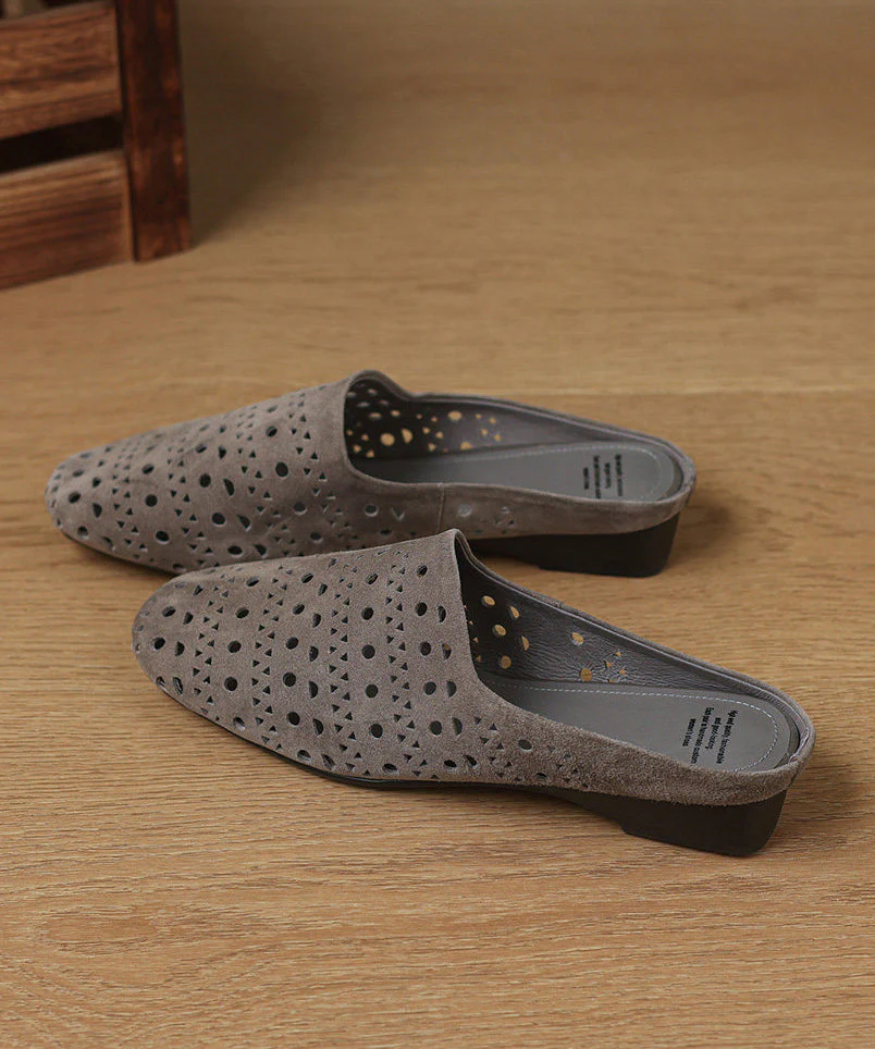 Grey Sheepskin Casual Hollow Out Thong Sandals - Image 5