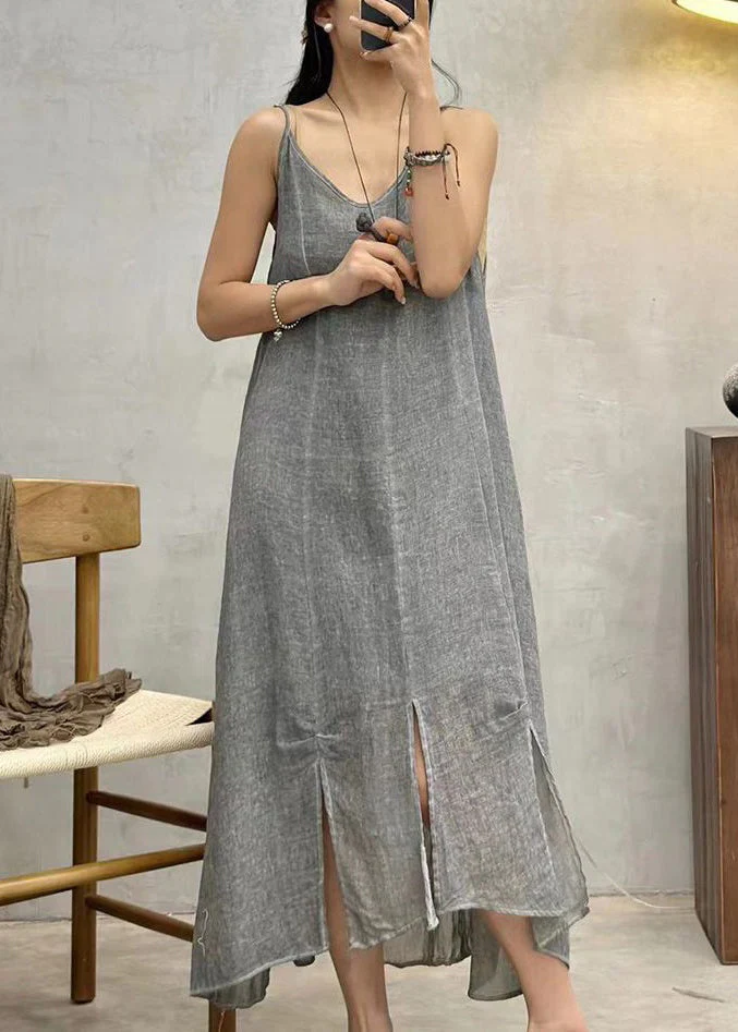 Grey Side Open Linen Spaghetti Strap Dress V Neck Summer - Image 2