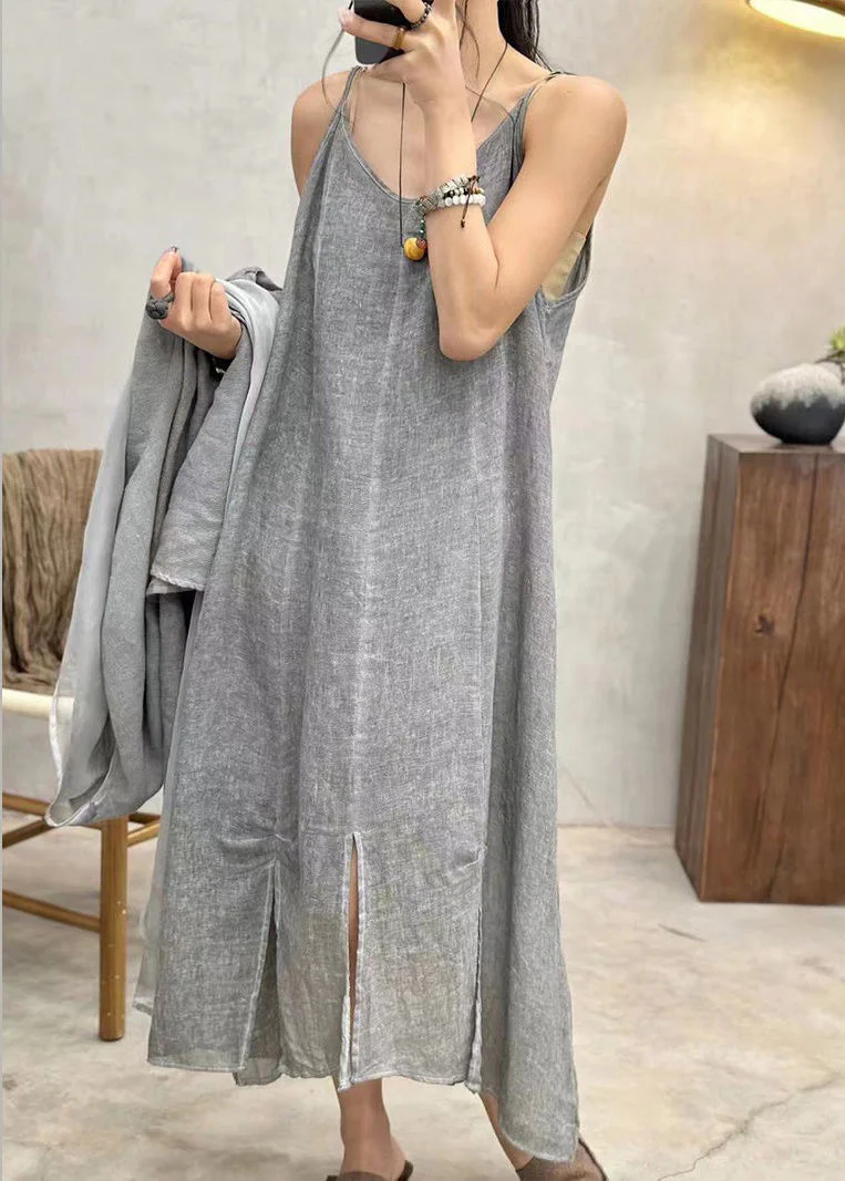 Grey Side Open Linen Spaghetti Strap Dress V Neck Summer - Image 3