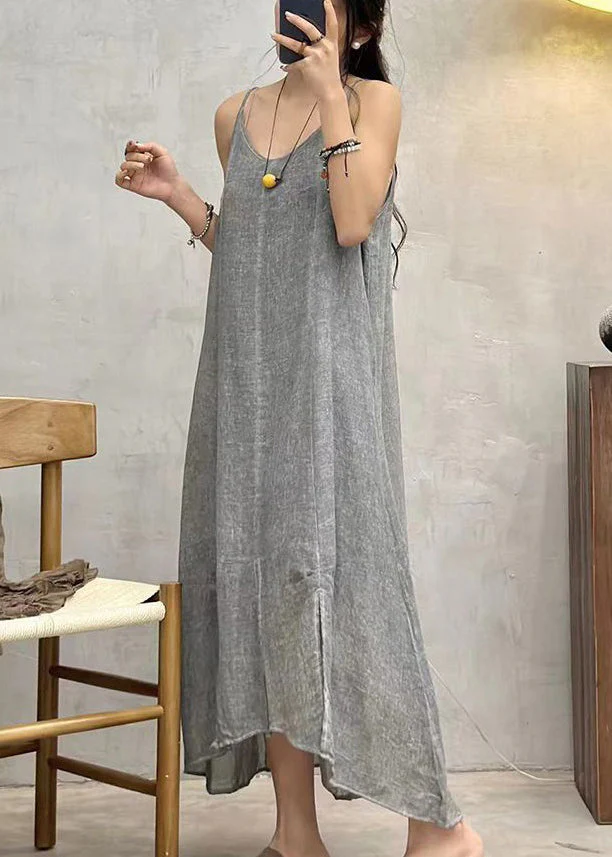 Grey Side Open Linen Spaghetti Strap Dress V Neck Summer - Image 4