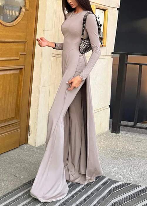 Grey Side Open Solid Cotton Two Pieces Set Spring O Neck - Image 3