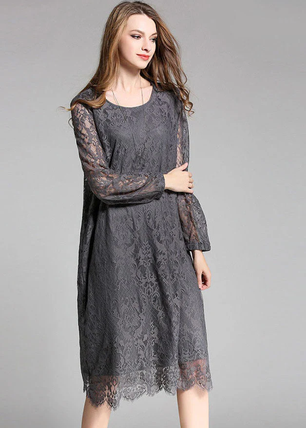 Grey Solid Lace Party Dress O-Neck Hollow Out Long Sleeve - Image 3