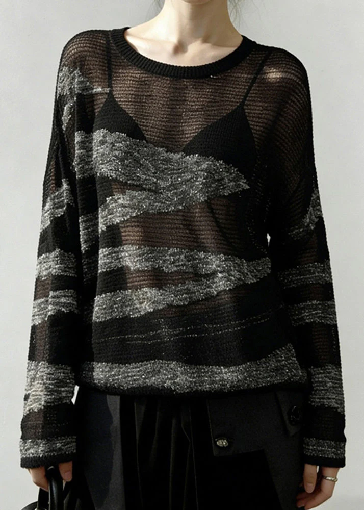Grey Striped Patchwork Knit Sweater Hollow Out Spring - Image 2