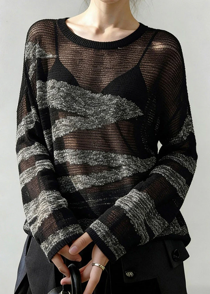 Grey Striped Patchwork Knit Sweater Hollow Out Spring - Image 3