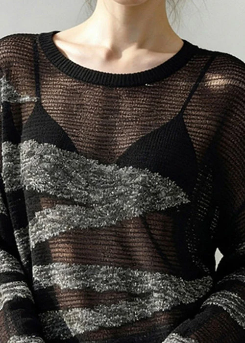 Grey Striped Patchwork Knit Sweater Hollow Out Spring - Image 4