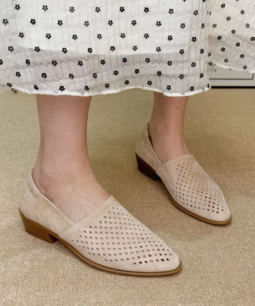 Grey Suede Hollow Out Splicing Loafers For Women - Image 2