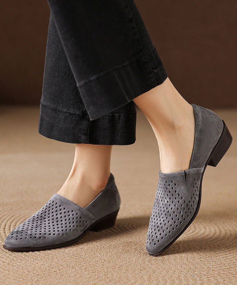 Grey Suede Hollow Out Splicing Loafers For Women - Image 3