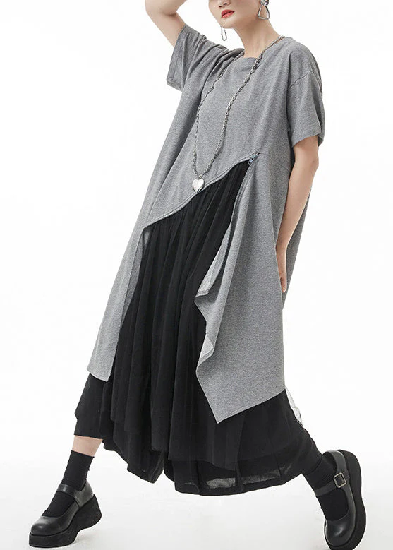 Grey Tulle Patchwork Holiday Dresses Zip Up Short Sleeve - Image 2