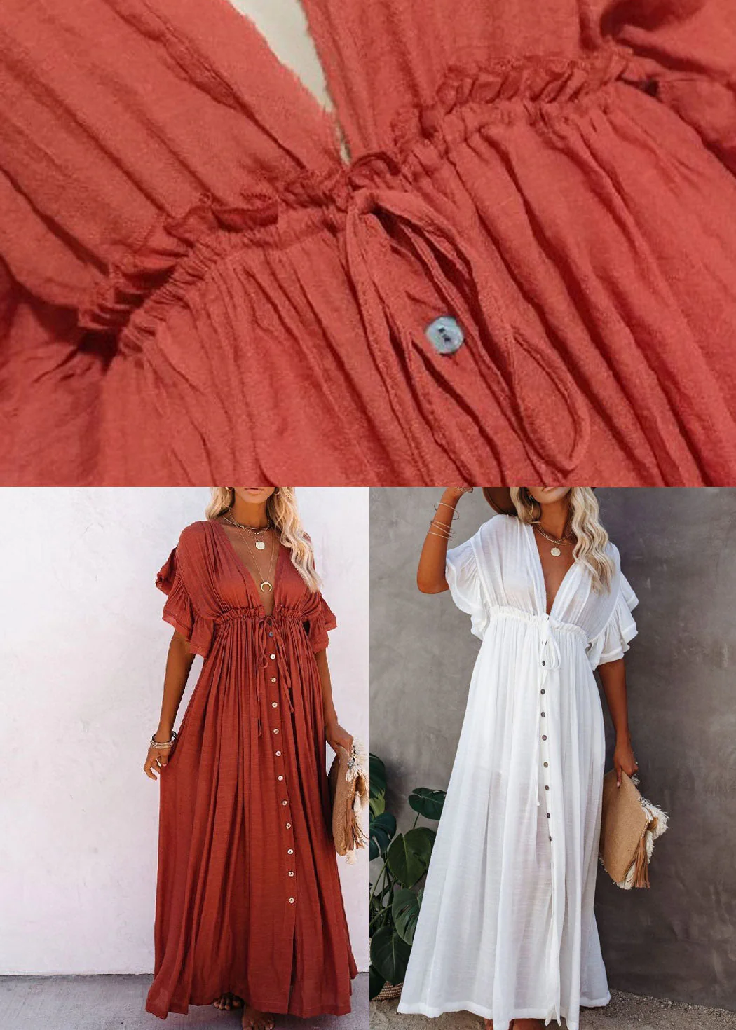 Grey V Neck Button Maxi Dresses Short Sleeve - Image 7