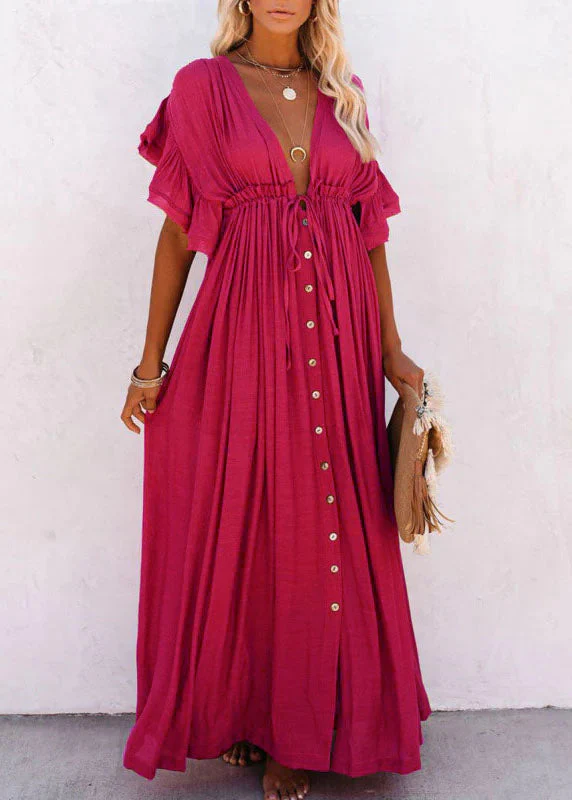 Grey V Neck Button Maxi Dresses Short Sleeve - Image 9
