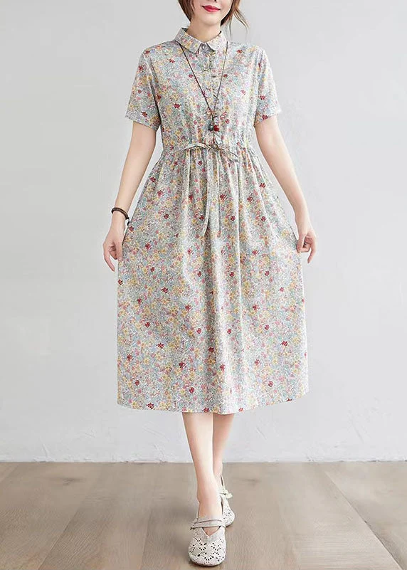 Half Sleeve O-neck Pleated Floral Print Vintage Maxi Dress - Image 2