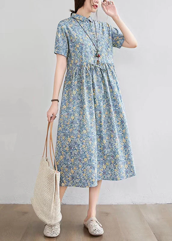 Half Sleeve O-neck Pleated Floral Print Vintage Maxi Dress - Image 3