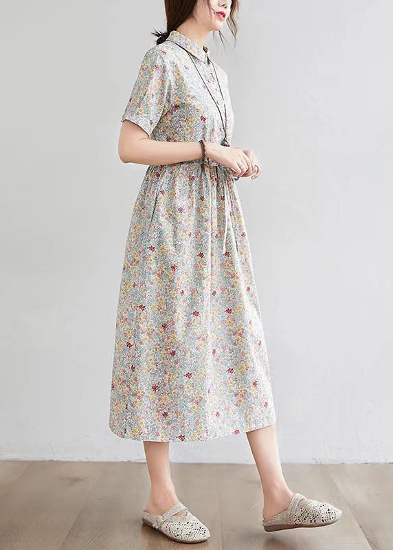 Half Sleeve O-neck Pleated Floral Print Vintage Maxi Dress - Image 4