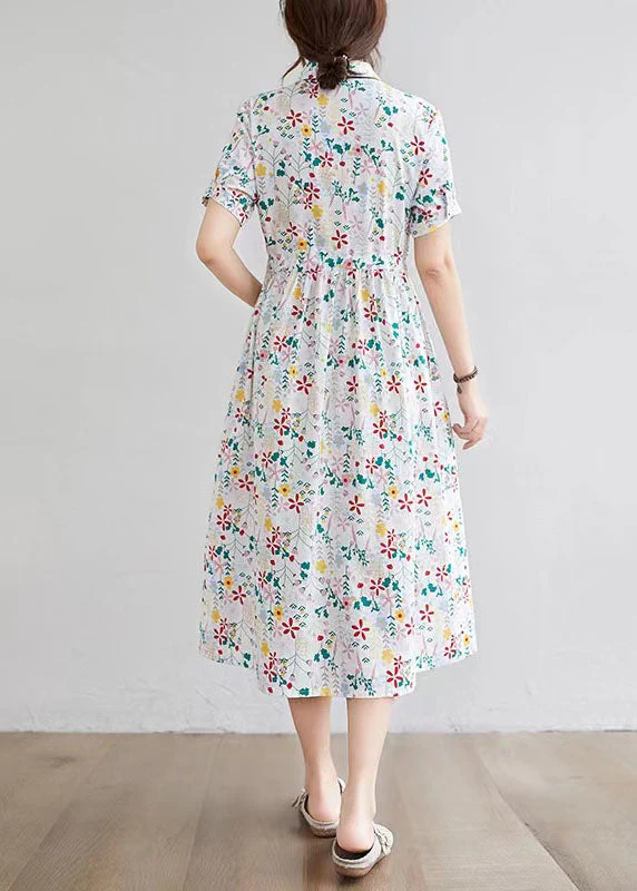 Half Sleeve O-neck Pleated Floral Print Vintage Maxi Dress - Image 5