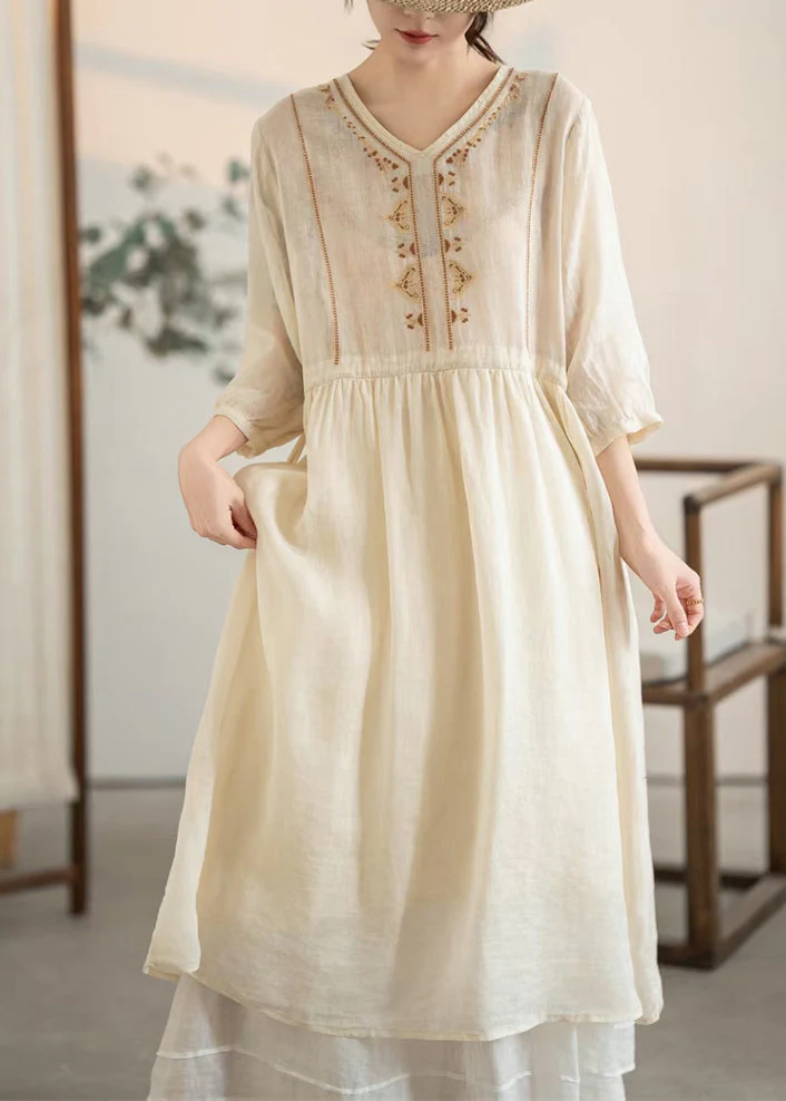 Handmade Apricot Embroidered Drawstring Linen Dress Summer - Image 3