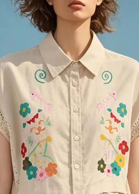 Handmade Apricot Embroidered Hollow Out Cotton Shirts Summer - Image 2