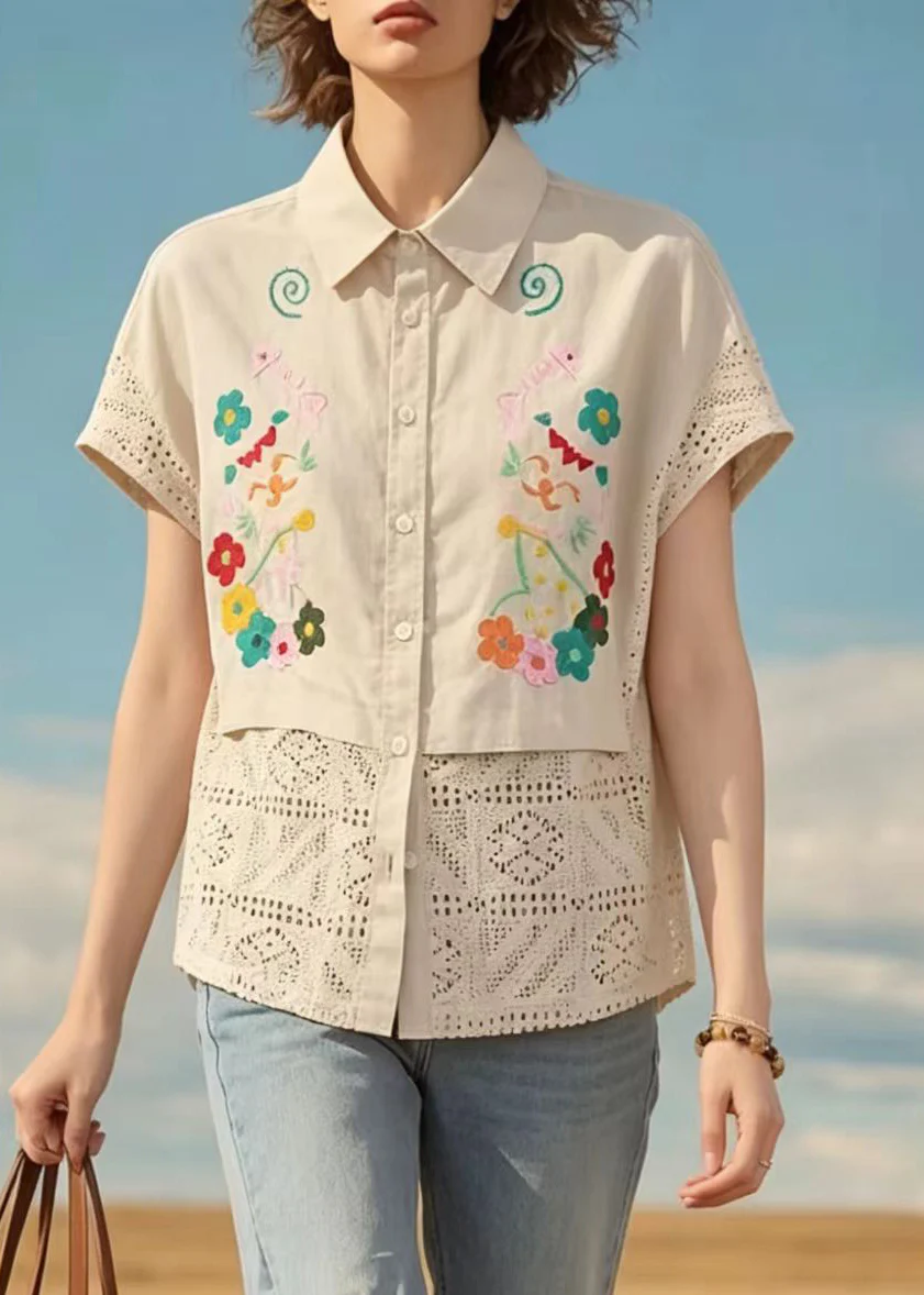 Handmade Apricot Embroidered Hollow Out Cotton Shirts Summer - Image 3