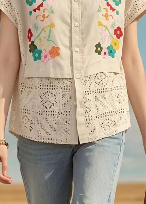Handmade Apricot Embroidered Hollow Out Cotton Shirts Summer - Image 4