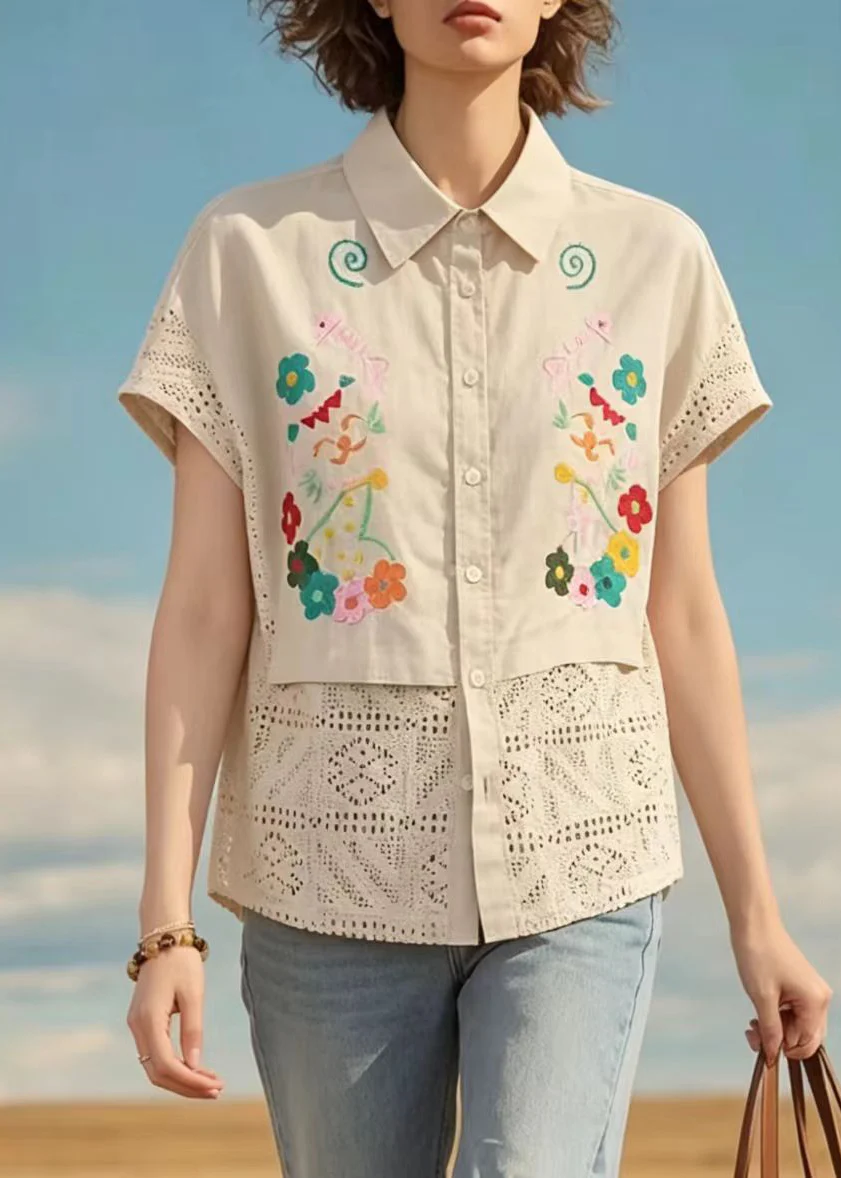 Handmade Apricot Embroidered Hollow Out Cotton Shirts Summer - Image 5