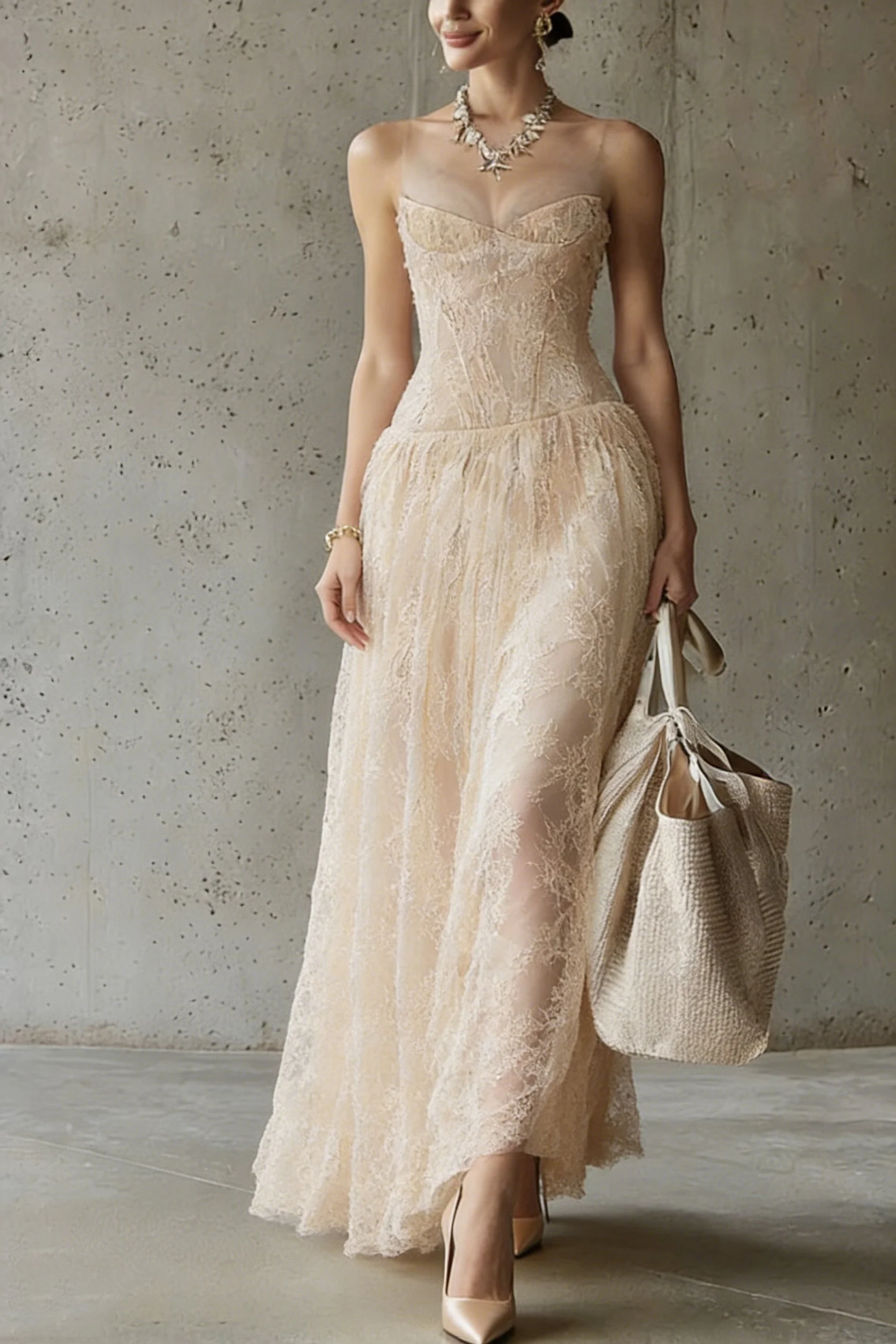 Handmade Apricot Embroidered Lace Spaghetti Strap Dress Sleeveless - Image 3