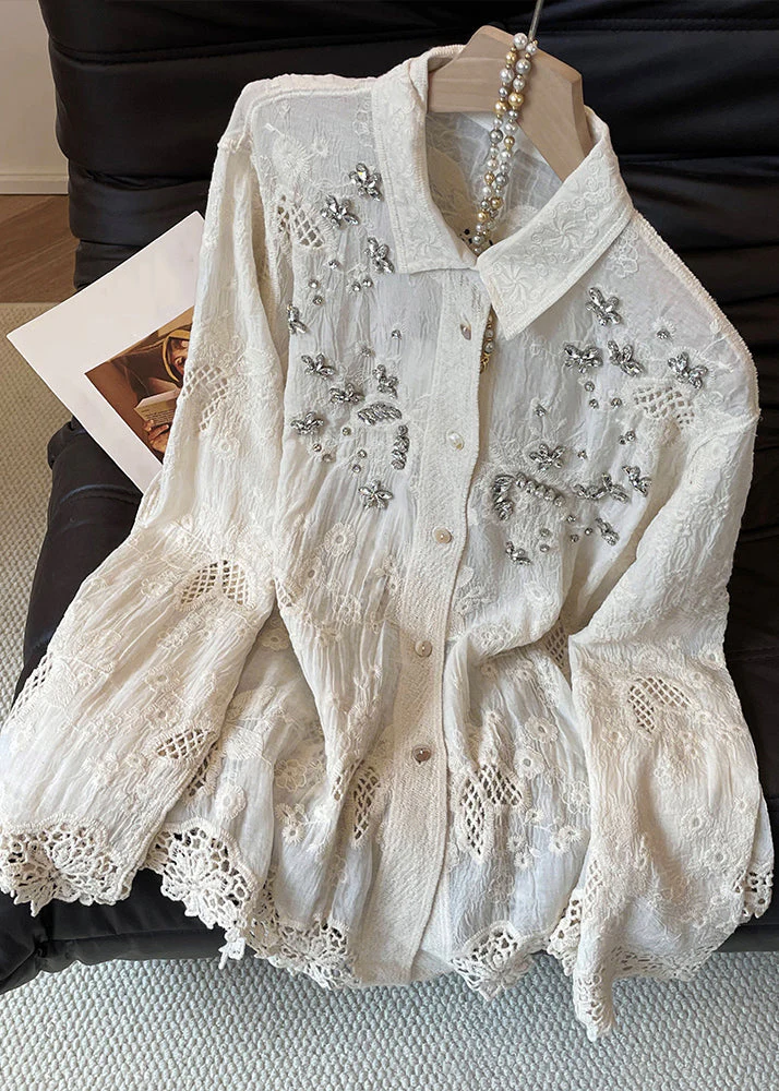 Handmade Apricot Embroidered Zircon Hollow Out Cotton Blouses Fall - Image 2