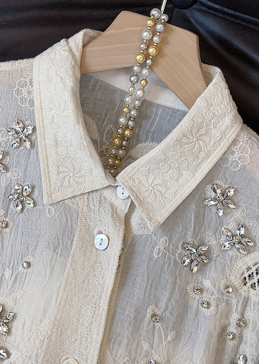 Handmade Apricot Embroidered Zircon Hollow Out Cotton Blouses Fall - Image 3