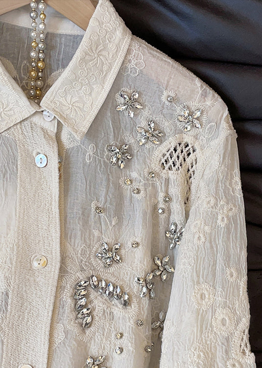 Handmade Apricot Embroidered Zircon Hollow Out Cotton Blouses Fall - Image 4