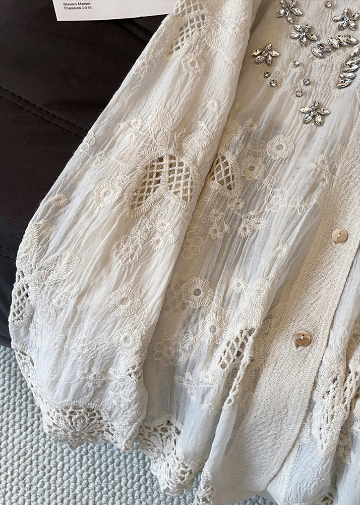 Handmade Apricot Embroidered Zircon Hollow Out Cotton Blouses Fall - Image 5
