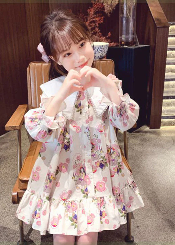 Handmade Apricot Print Nail Bead Girls Mid Dress Long Sleeve - Image 2