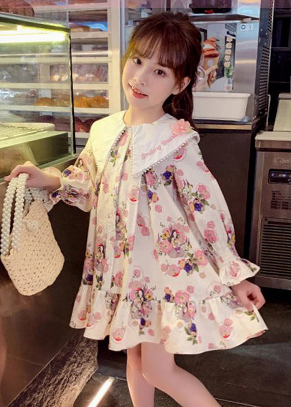 Handmade Apricot Print Nail Bead Girls Mid Dress Long Sleeve - Image 3