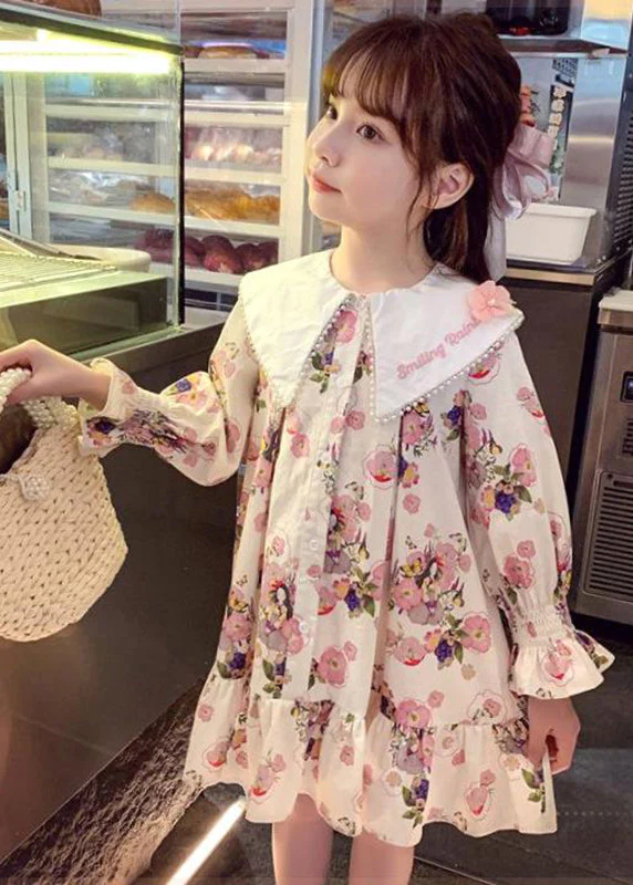 Handmade Apricot Print Nail Bead Girls Mid Dress Long Sleeve - Image 4