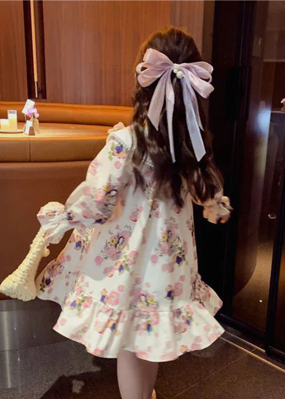 Handmade Apricot Print Nail Bead Girls Mid Dress Long Sleeve - Image 5