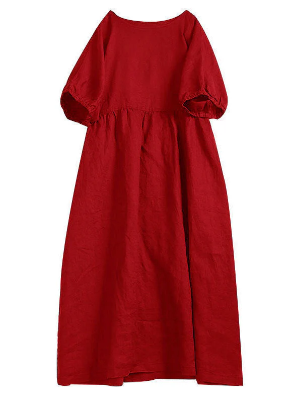Handmade Apricot Solid O-Neck Wrinkled Patchwork Linen Dress Summer - Image 3