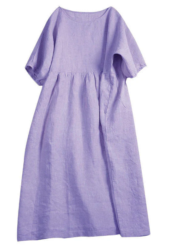Handmade Apricot Solid O-Neck Wrinkled Patchwork Linen Dress Summer - Image 4
