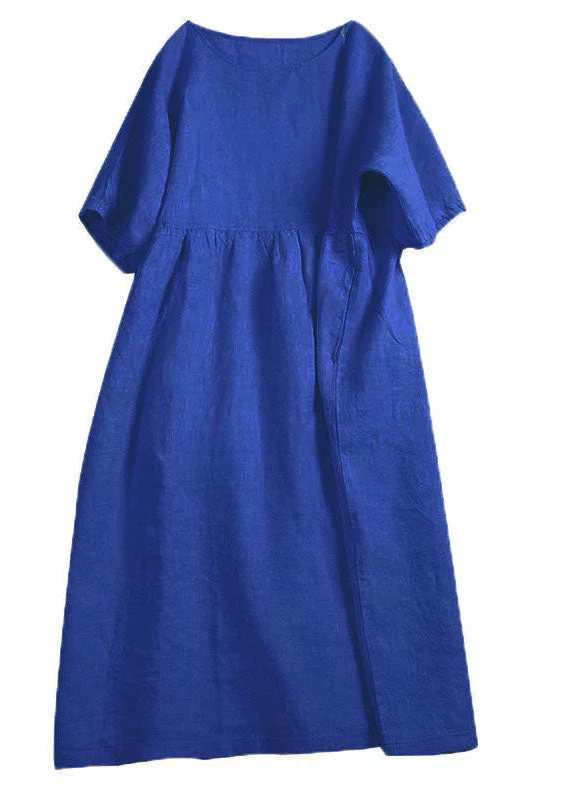 Handmade Apricot Solid O-Neck Wrinkled Patchwork Linen Dress Summer - Image 5