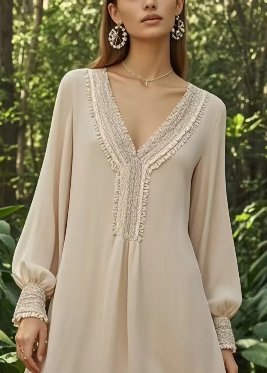 Handmade Apricot V Neck Draping Chiffon Day Dress Spring - Image 2